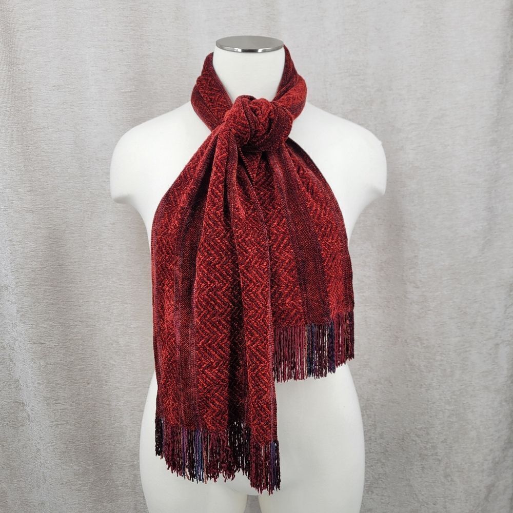 Peter Barton Hand Loomed Vintage Red Fringe Scarf Velvety Soft Chenille